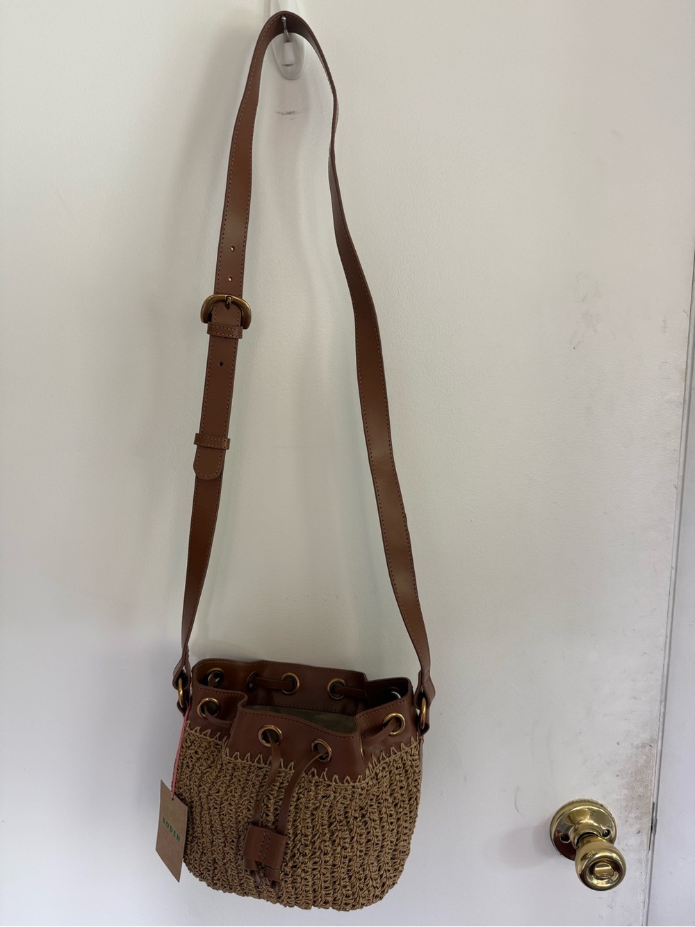 Boden Tan Brown Woven Bucket Tote with Leather Trim - Picture 2 of 4